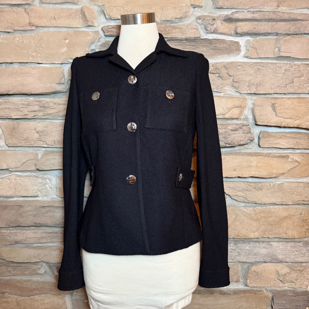 St. John Black Knit Jacket Blazer Size 4 Silver Logo Buttons USA Made - Picture 1 of 11